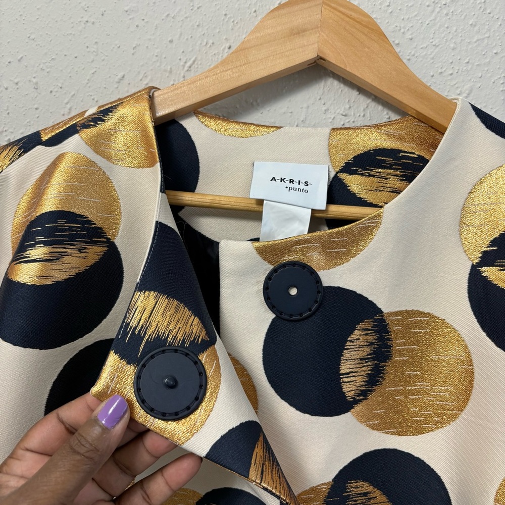 AKRIS Punto Car Coat Jacquard Sake Blue Metallic Gold Dot Print, Size US 12 - Picture 4 of 12